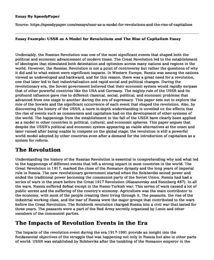 Essay Example: USSR as A Model for Revolutions and The Rise of Capitalism