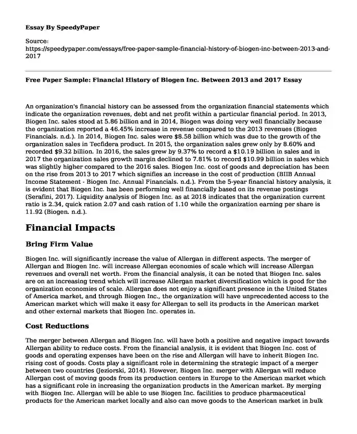 Free Paper Sample: Financial History of Biogen Inc. Between 2013 and 2017