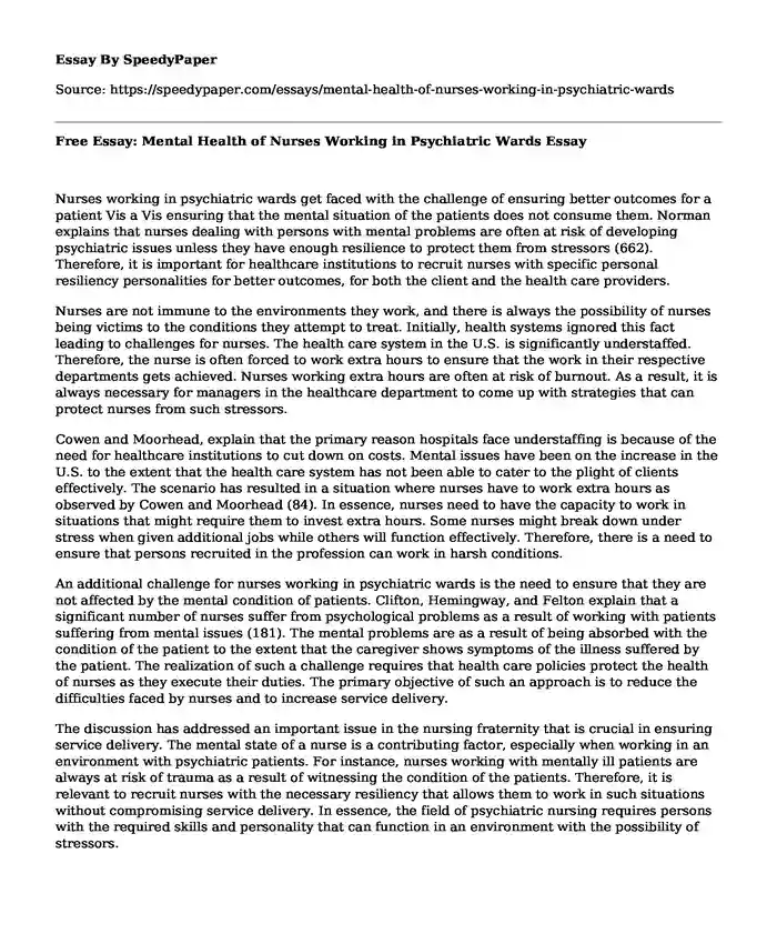 Free Essay: Mental Health of Nurses Working in Psychiatric Wards