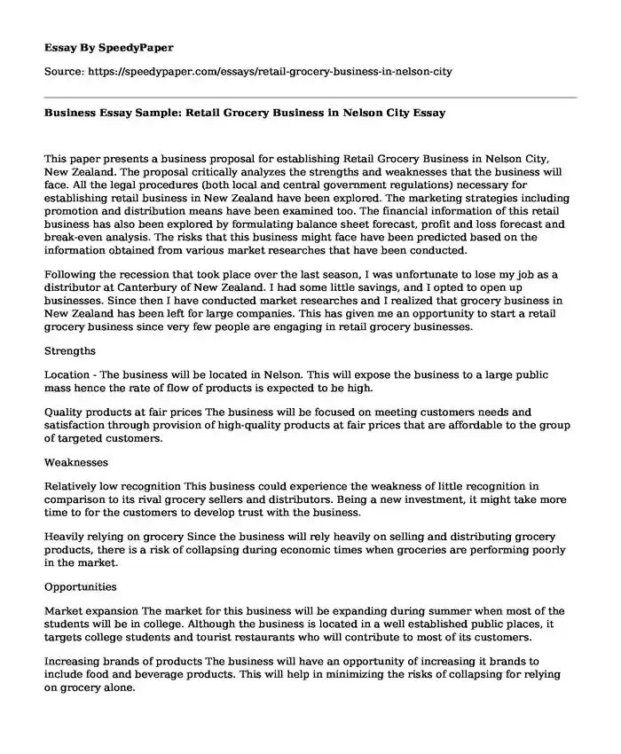 Business Essay Sample:  Retail Grocery Business in Nelson City