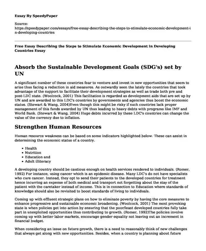 Free Essay Describing the Steps to Stimulate Economic Development in Developing Countries