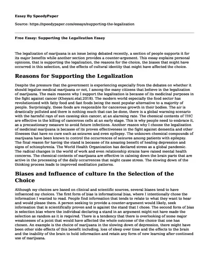 Free Essay: Supporting the Legalization