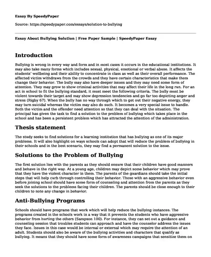 Essay About Bullying Solution | Free Paper Sample | SpeedyPaper