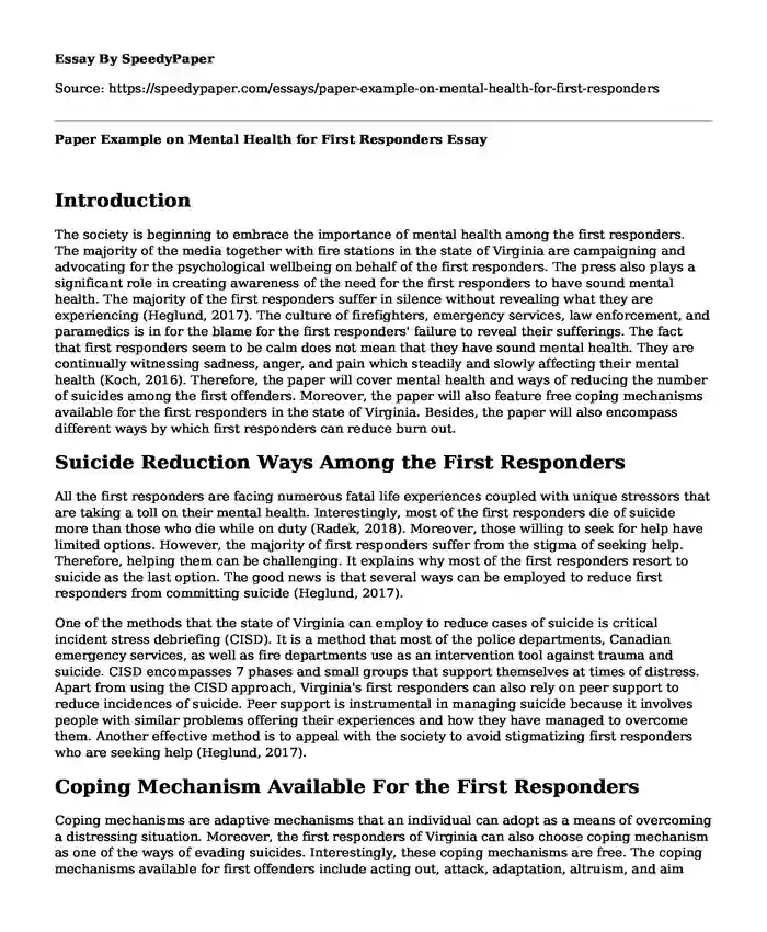 Paper Example on Mental Health for First Responders