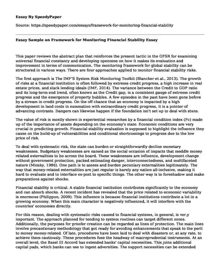 Essay Sample on Framework for Monitoring Financial Stability