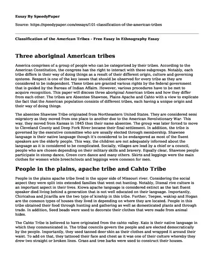 Classification of the American Tribes - Free Essay in Ethnography
