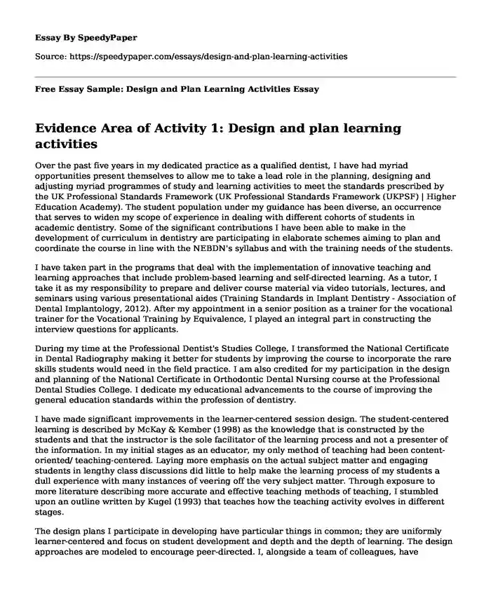 Free Essay Sample: Design and Plan Learning Activities