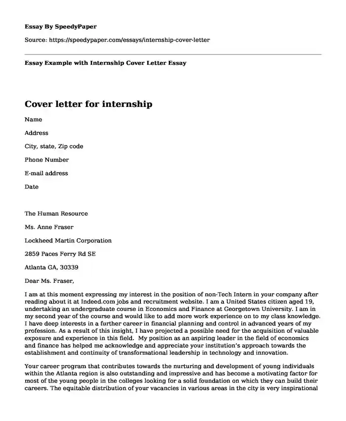 Essay Example with Internship Cover Letter