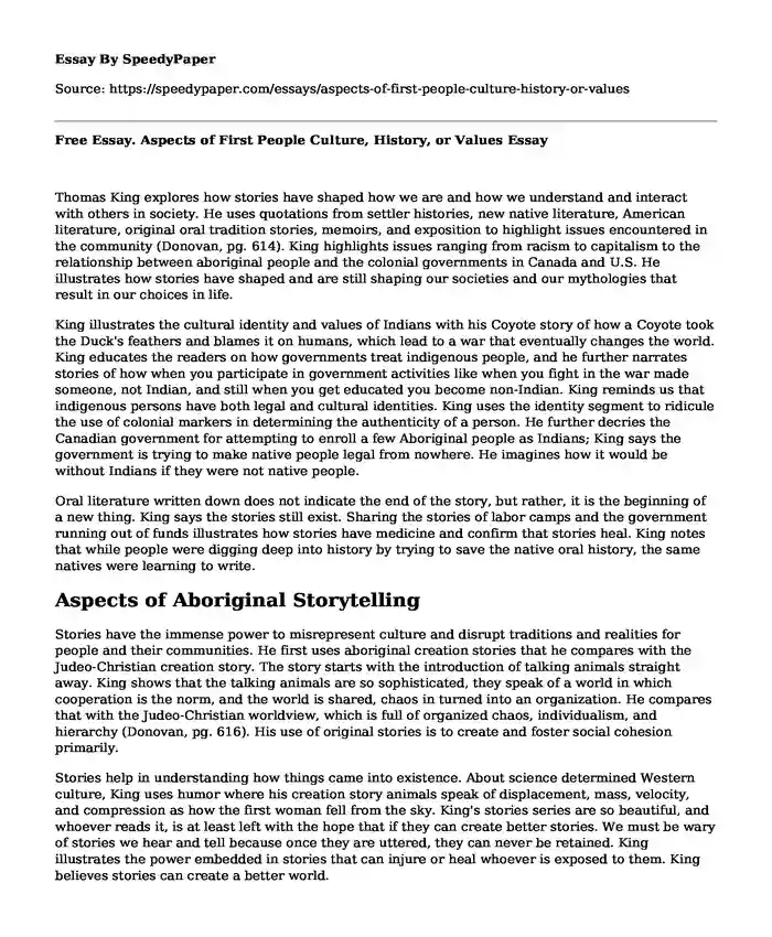 Free Essay. Aspects of First People Culture, History, or Values