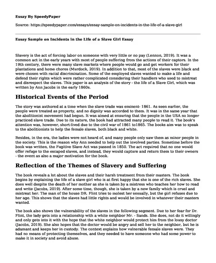 Essay Sample on Incidents in the Life of a Slave Girl