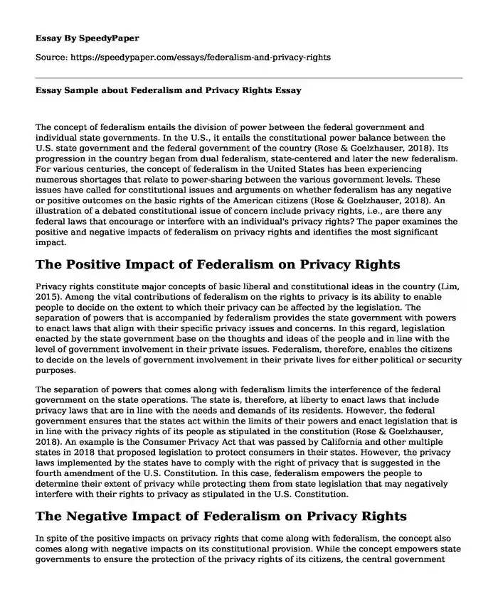 Essay Sample about Federalism and Privacy Rights
