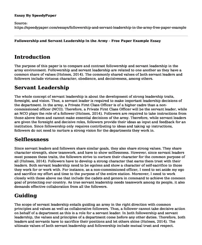 Followership and Servant Leadership in the Army - Free Paper Example