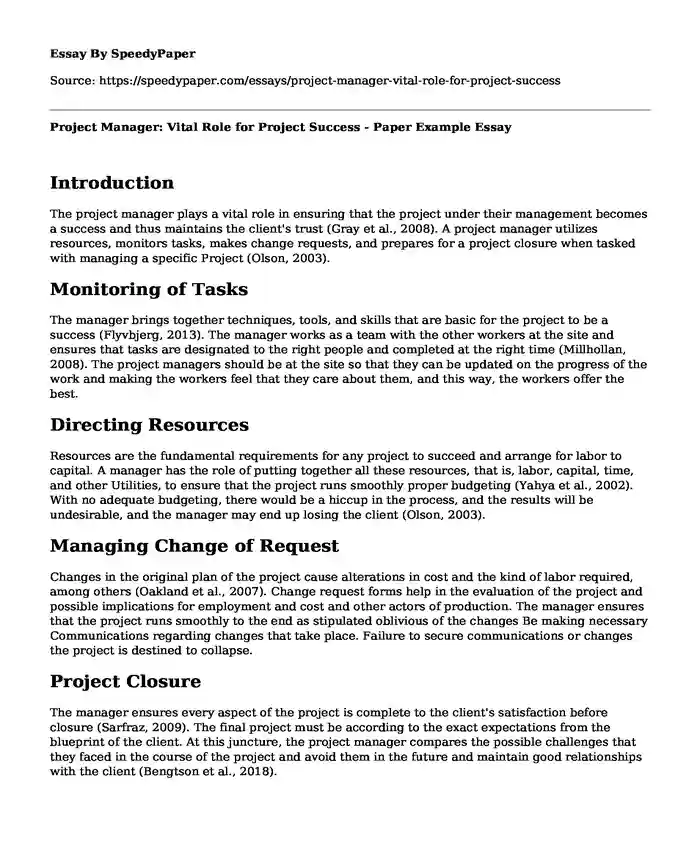 Project Manager: Vital Role for Project Success - Paper Example