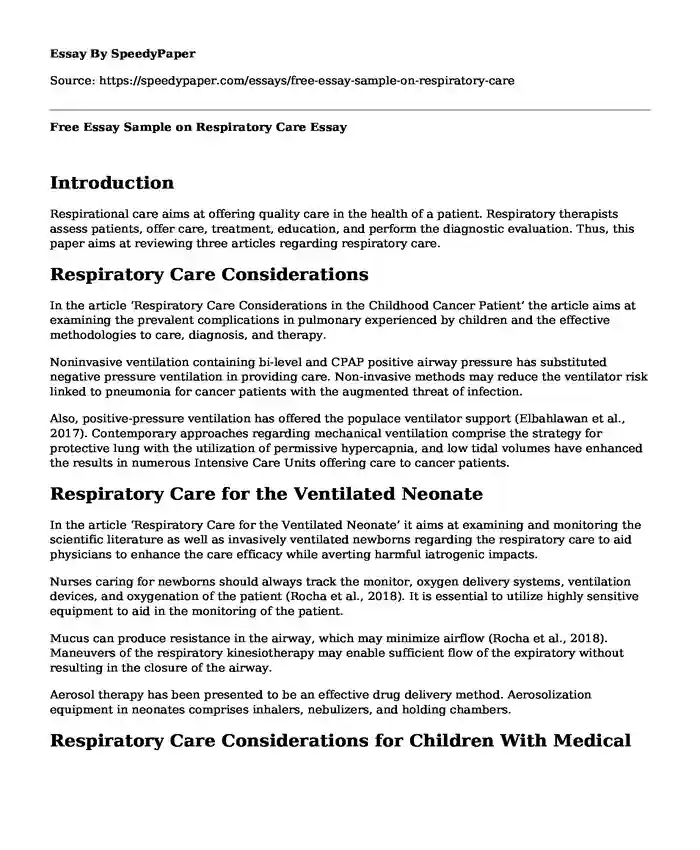 Free Essay Sample on Respiratory Care