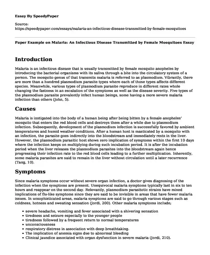 Paper Example on Malaria: An Infectious Disease Transmitted by Female Mosquitoes