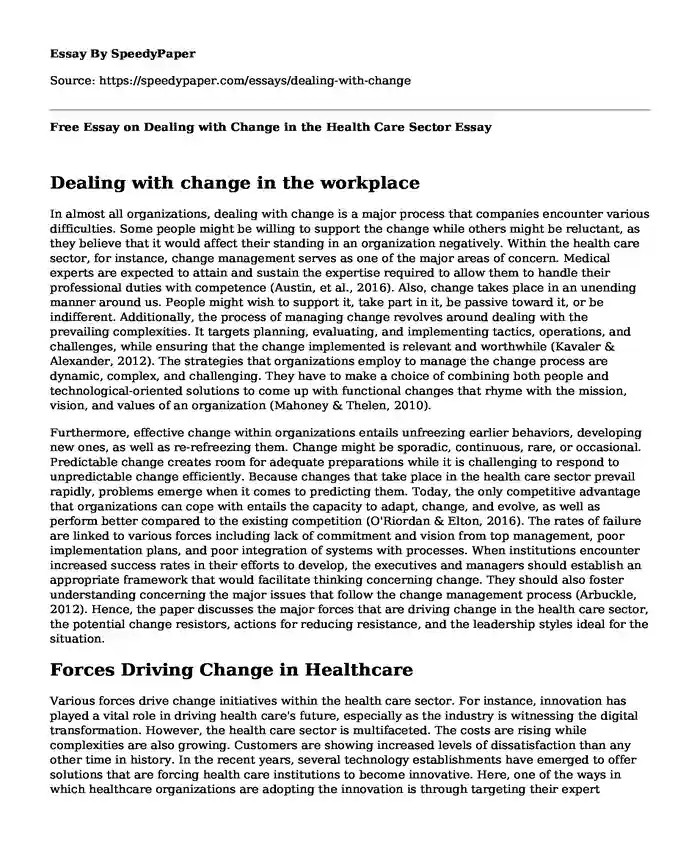 Free Essay on Dealing with Change in the Health Care Sector