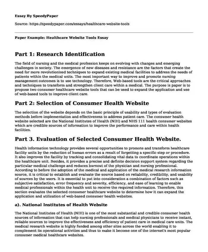 Paper Example: Healthcare Website Tools