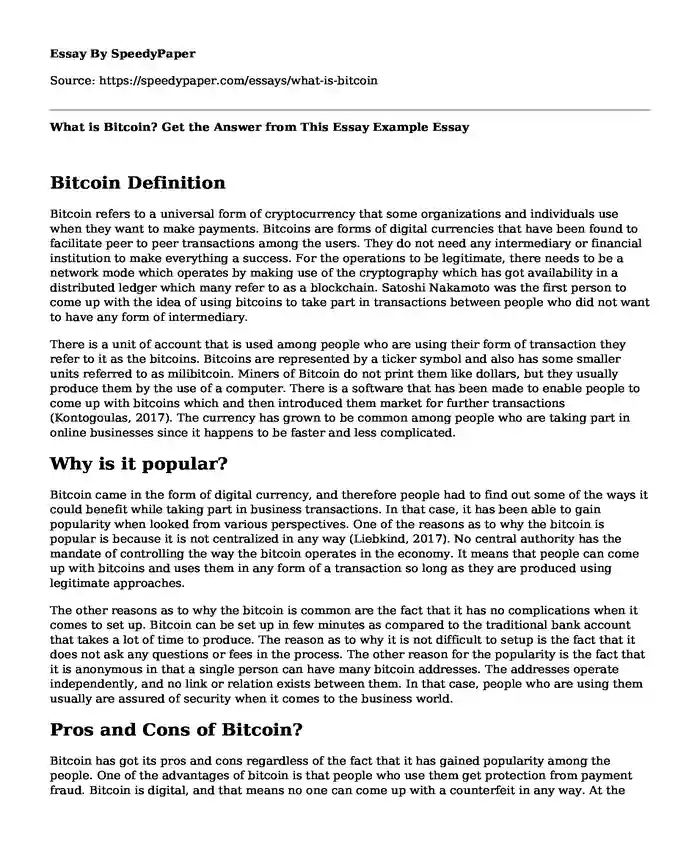 What is Bitcoin? Get the Answer from This Essay Example