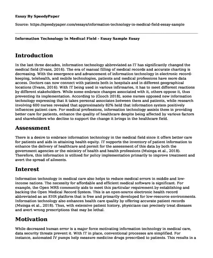 📗 Information Technology in Medical Field - Essay Sample