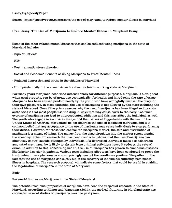 Free Essay: The Use of Marijuana to Reduce Mentor Illness in Maryland