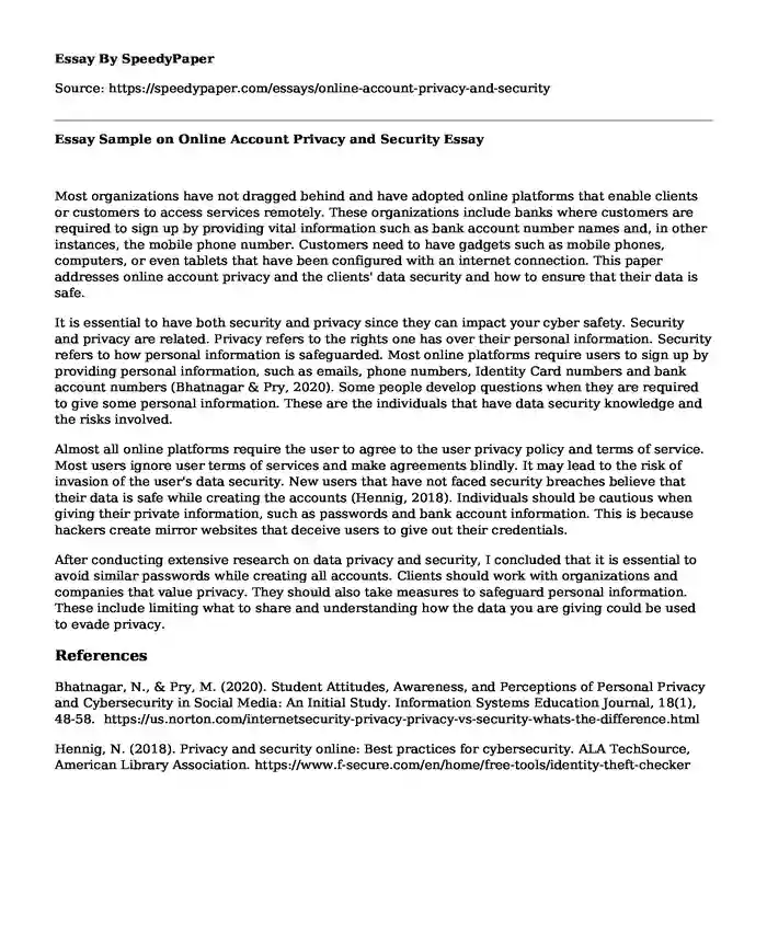 Essay Sample on Online Account Privacy and Security