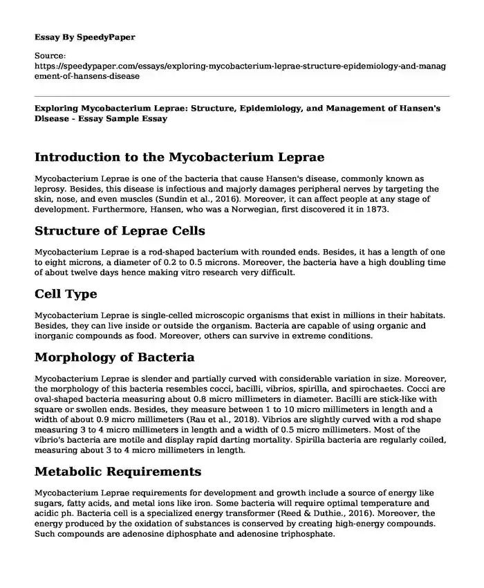 Exploring Mycobacterium Leprae: Structure, Epidemiology, and Management of Hansen's Disease - Essay Sample