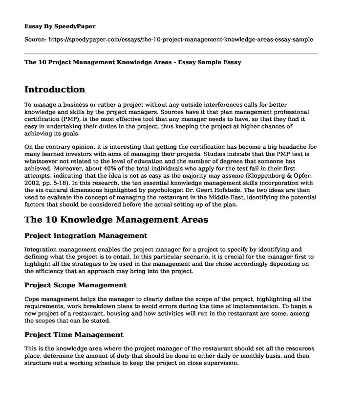 The 10 Project Management Knowledge Areas - Essay Sample