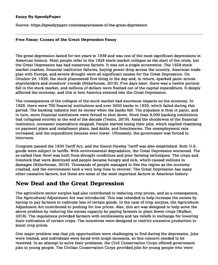 Free Essay: Causes of the Great Depression