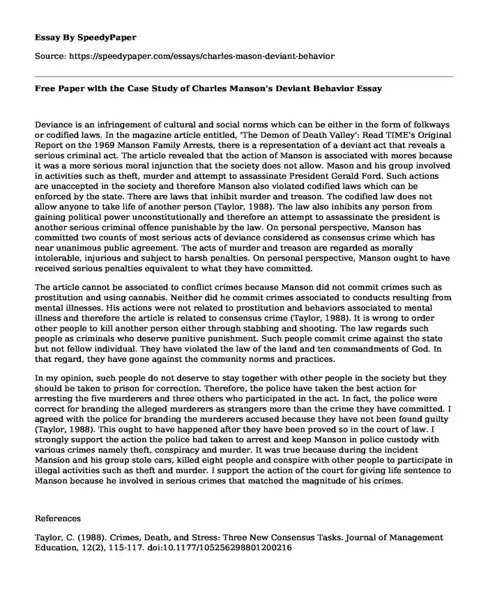 Free Paper with the Case Study of Charles Manson's Deviant Behavior