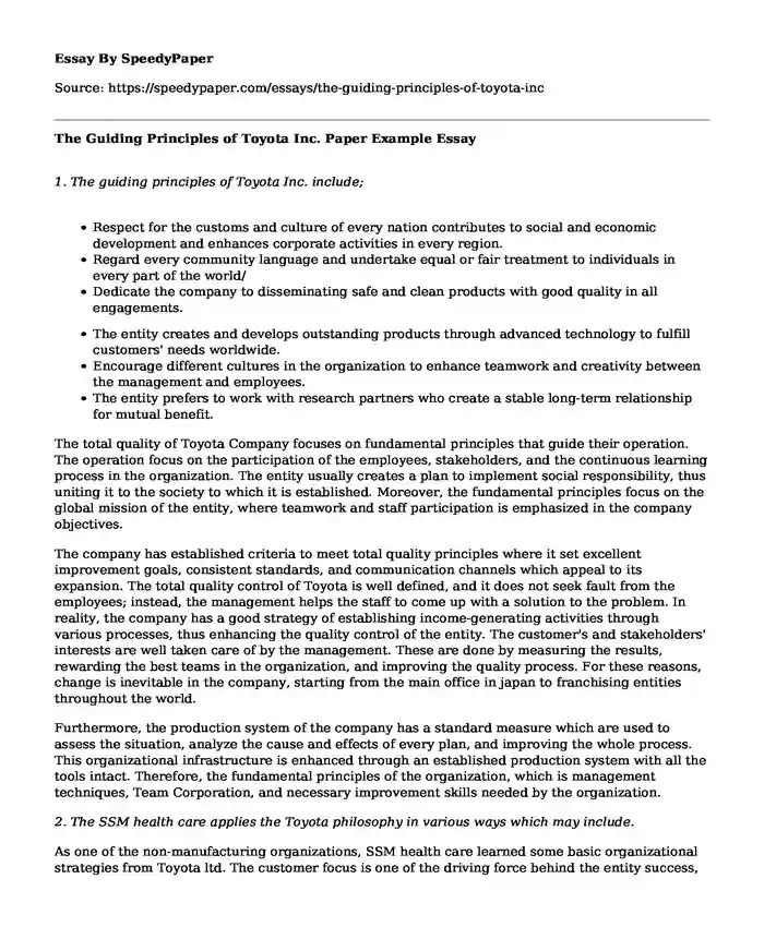 The Guiding Principles of Toyota Inc. Paper Example