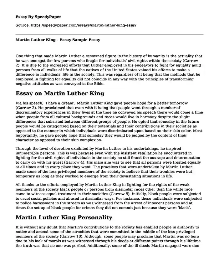 Martin Luther King - Essay Sample