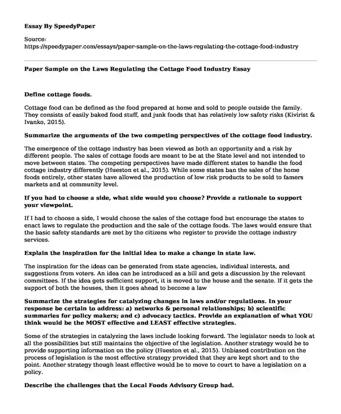 Paper Sample on the Laws Regulating the Cottage Food Industry