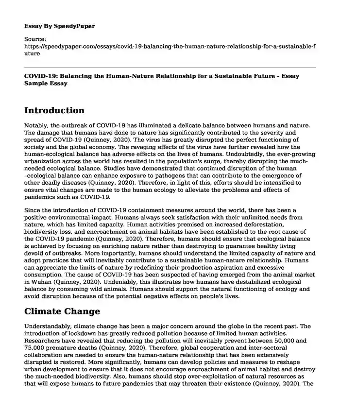 COVID-19: Balancing the Human-Nature Relationship for a Sustainable Future - Essay Sample
