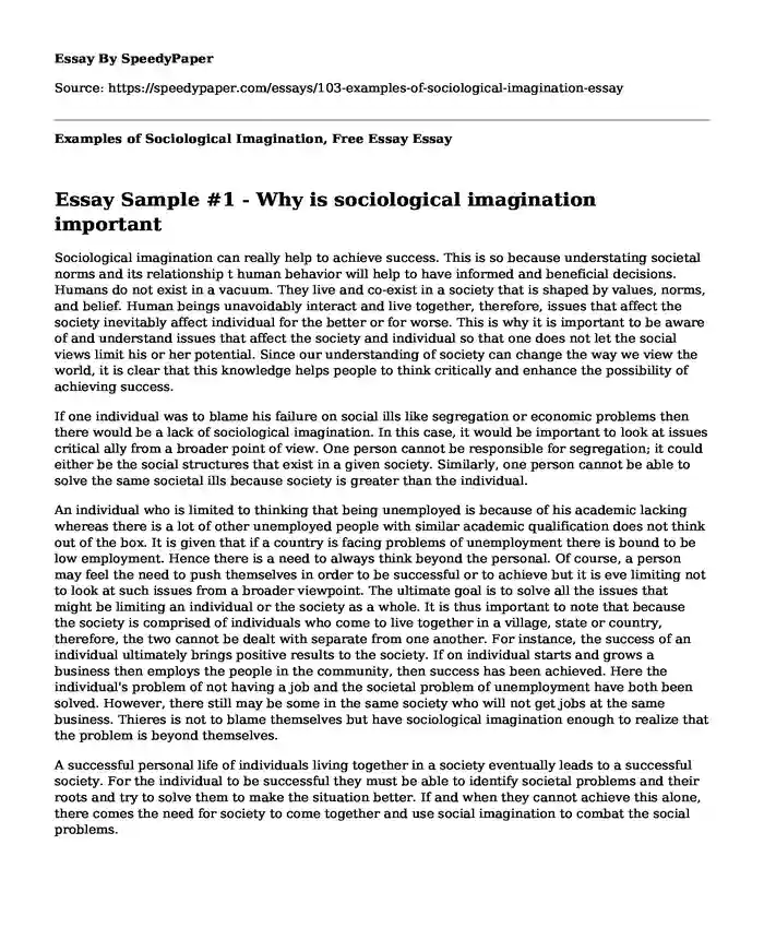 Examples of Sociological Imagination, Free Essay