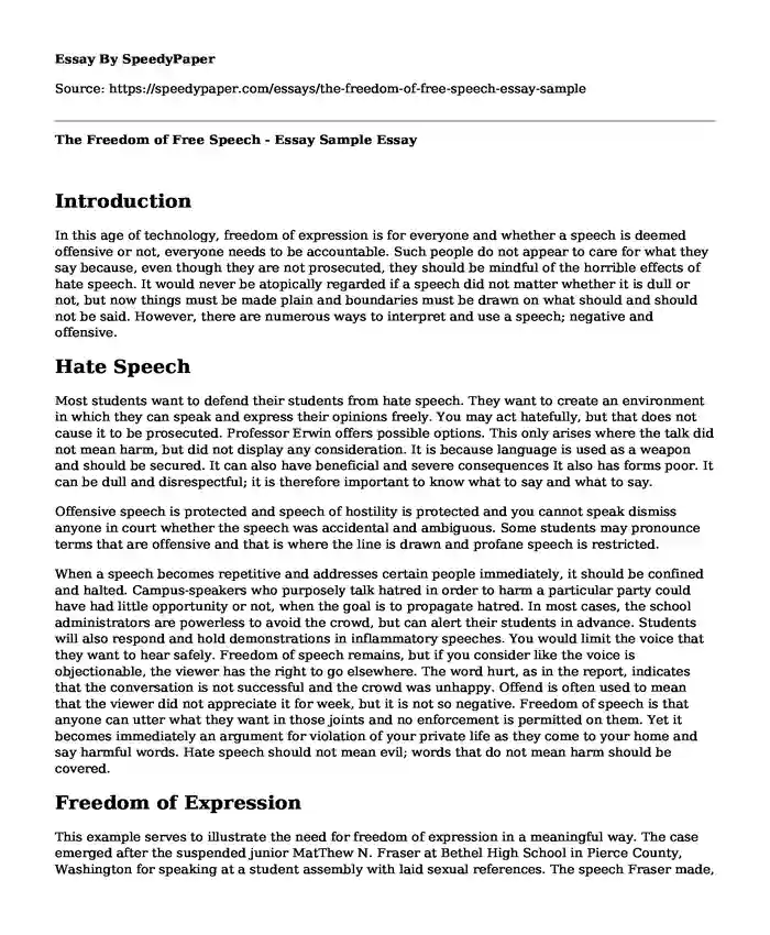 The Freedom of Free Speech - Essay Sample