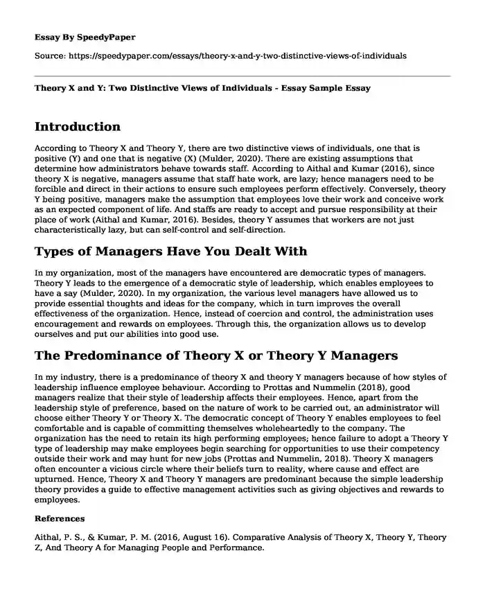 Theory X and Y: Two Distinctive Views of Individuals - Essay Sample