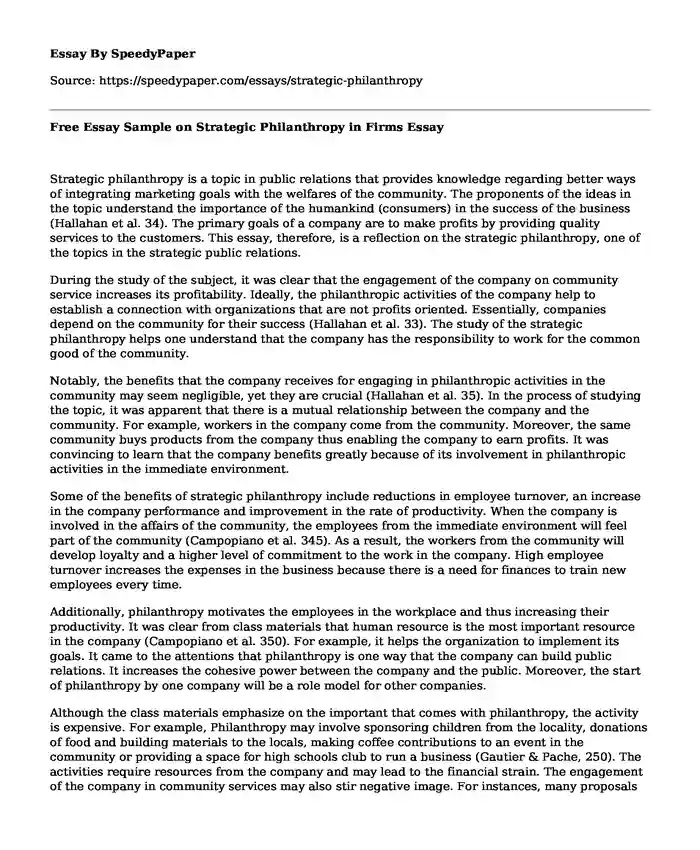 Free Essay Sample on Strategic Philanthropy in Firms