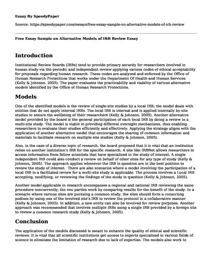 Free Essay Sample on Alternative Models of IRB Review