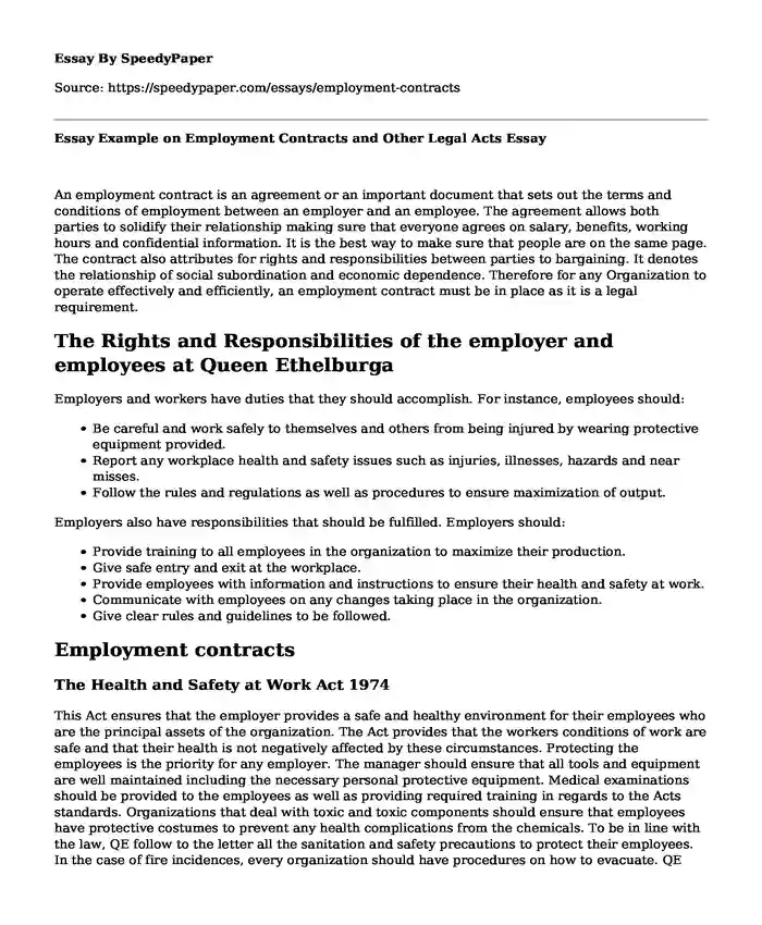 Essay Example on Employment Contracts and Other Legal Acts