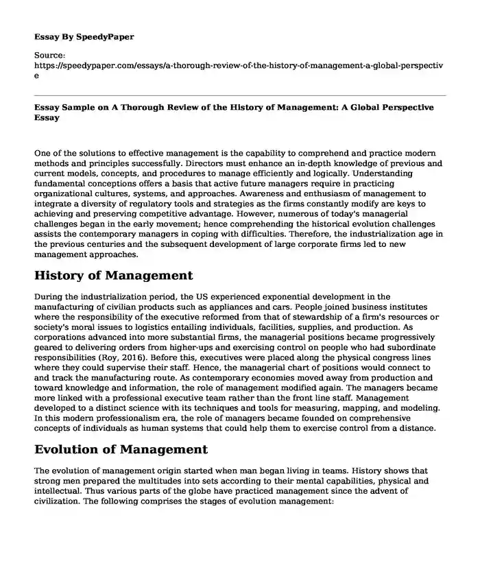Essay Sample on A Thorough Review of the History of Management: A Global Perspective