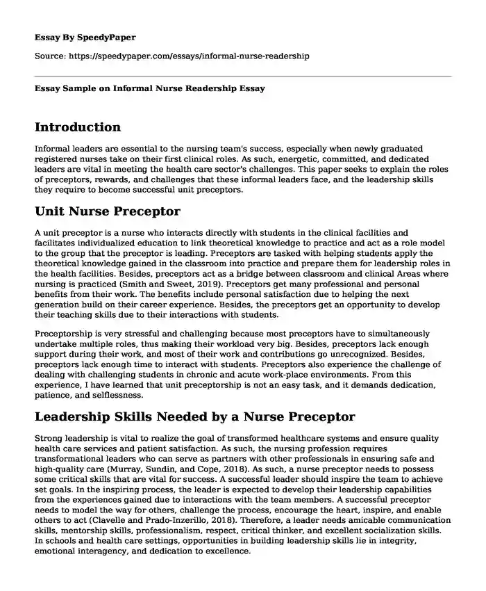 Essay Sample on Informal Nurse Readership