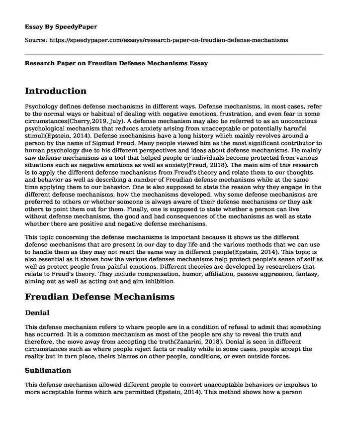 Research Paper on Freudian Defense Mechanisms