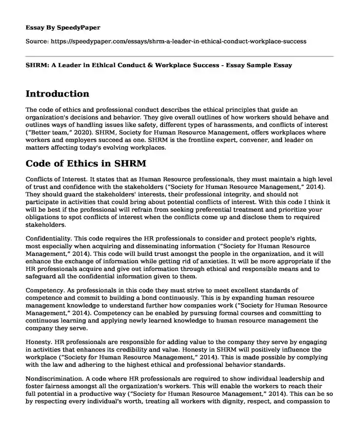 SHRM: A Leader in Ethical Conduct & Workplace Success - Essay Sample