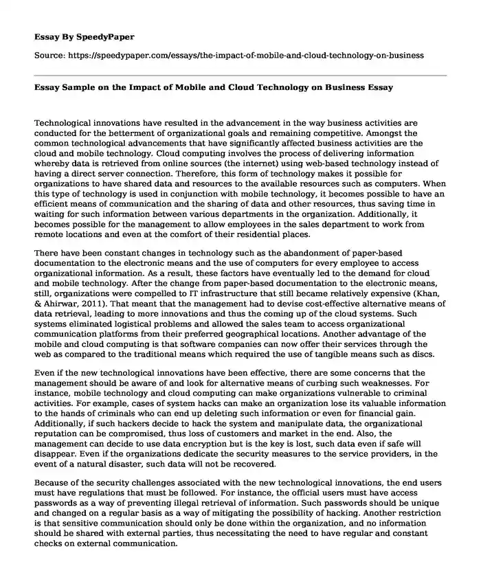 Essay Sample on the Impact of Mobile and Cloud Technology on Business