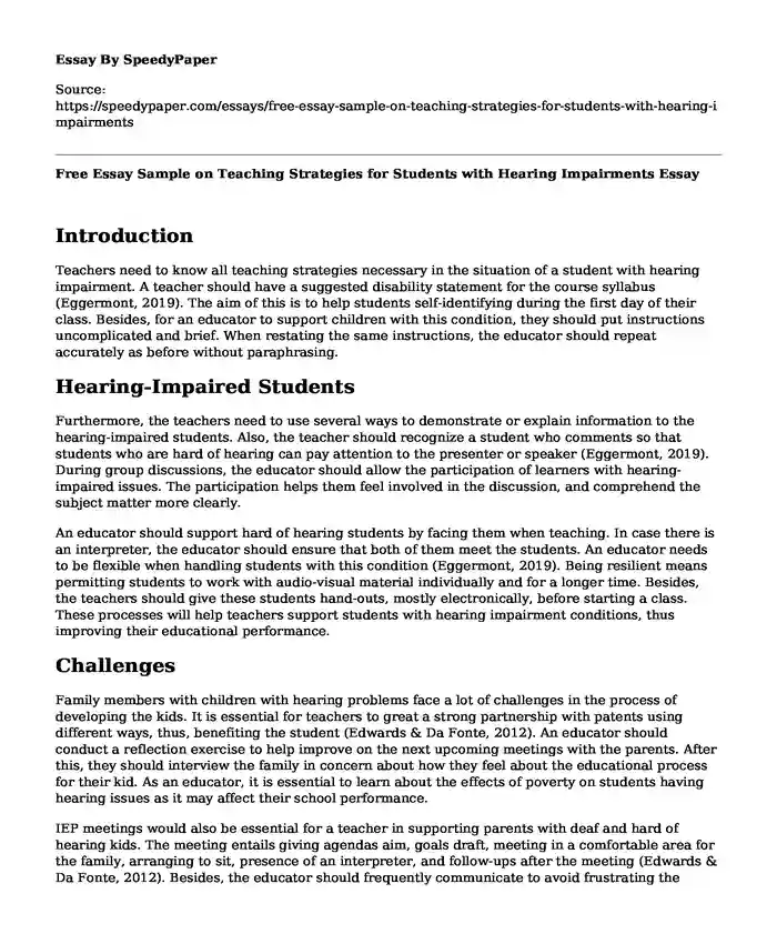 Free Essay Sample on Teaching Strategies for Students with Hearing Impairments