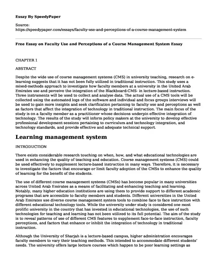 Free Essay on Faculty Use and Perceptions of a Course Management System