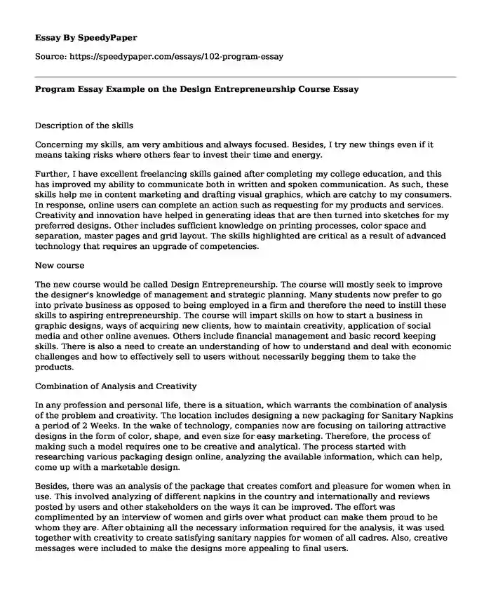 Program Essay Example on the Design Entrepreneurship Course