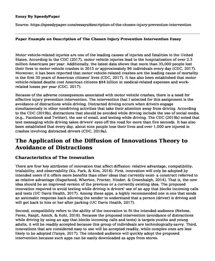 Paper Example on Description of The Chosen Injury Prevention Intervention