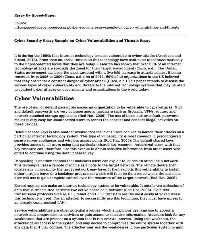Cyber Security Essay Sample on Cyber Vulnerabilities and Threats