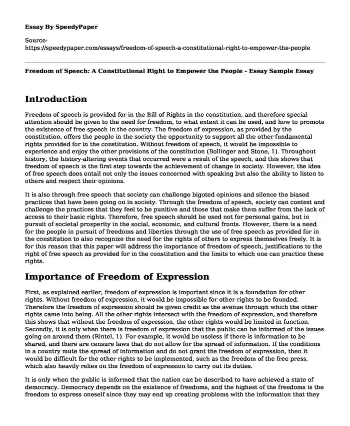 Freedom of Speech: A Constitutional Right to Empower the People - Essay Sample